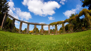 Stone arch field trees clouds - wide angle len free wallpaper for desktop