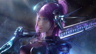 Purple haired woman sword cyberpunk - a futuristic setting free wallpaper
