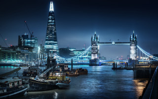 City skyline bridge boats night 3 - rich moody colour free wallpaper