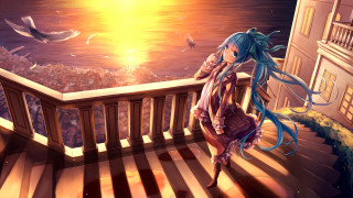 Balcony girl ocean birds horizon - a balcony free wallpaper for desktop