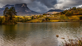 Lake mountains cloudy sky trees 2 - mountain under a cloudy sky free wallpaper