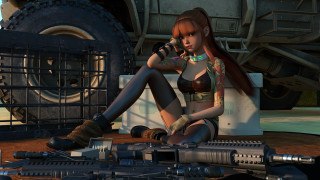 Woman machinegun sitting browneyes longhair - the ground next free wallpaper for desktop