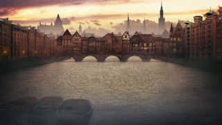 River bridge boat city clock 2 - matte painting free wallpaper