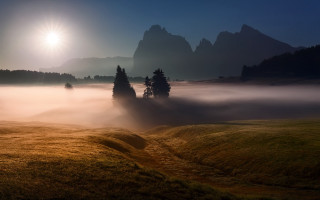 Foggy mountains tree lake sunlight - the fog free wallpaper for desktop