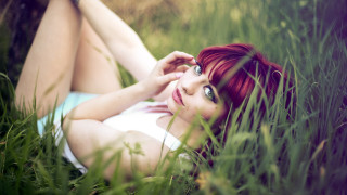 Woman lying in grass blooming - evaline ness free wallpaper for desktop