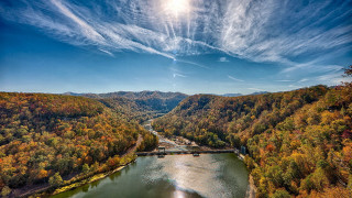 River bridge trees sunset horizon - shining free wallpaper