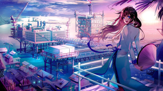 Girl cityscape pink sky cyberpunk - a balcony free wallpaper for desktop