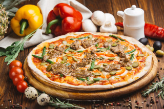 Pizza meat vegetables wooden table - meat and vegetables free wallpaper