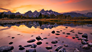 Mountain reflection sunset lake rocks - rock free wallpaper for desktop