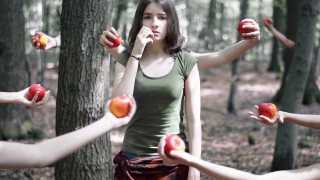 Woman friends woods eating apples - conceptual art free wallpaper