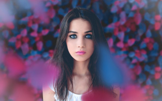 Blue eyes long hair blurry - a blurry background of flowers free wallpaper