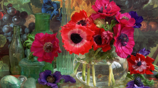 Flowers vase fruit grapes still - impressionist painting free wallpaper