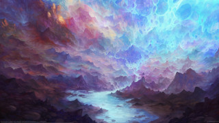 River valley cloudy sky fantasy - a painting of a river free wallpaper
