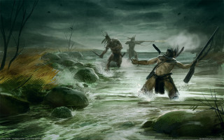 Primitivism watermen spear fishing beach - two other man free wallpaper