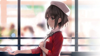 Woman red shirt hat portrait - a hand free wallpaper