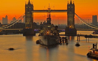 Boat dock bridge city sunset - donald sherwood free wallpaper