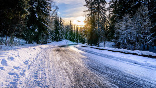 Snowy road car trees sunset - a snowy road free wallpaper
