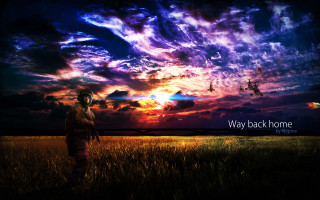 Man field sunset plane city - blender and photoshop free wallpaper