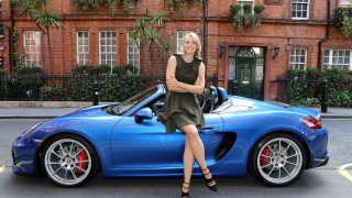 Woman sitting blue sports car - alison debenham free wallpaper