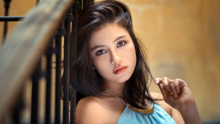 Woman blue dress railing japanese - ai xuan free wallpaper