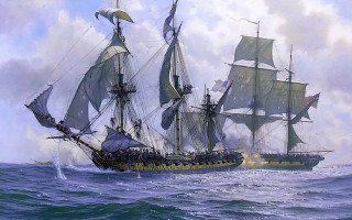 Ship ocean clouds horizon oilpainting - a painting of a ship in the ocean free wallpaper