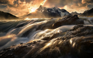 Mountain stream sunset clouds fantasy - a sunset in the background free wallpaper for desktop