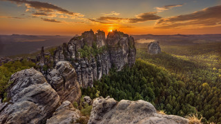 Sunset mountain forest rocks dusk 2 - a forest below free wallpaper