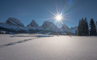 Sun snow mountain trees lake - track free wallpaper