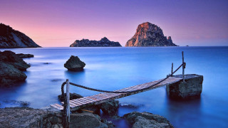 Wooden bridge mountain sunset pink - a purple sky free wallpaper for desktop