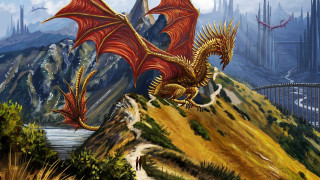 Dragon mountain castle bridge fantasy - a painting of a dragon free wallpaper for desktop