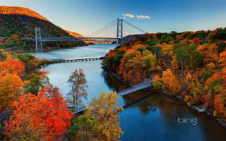 Autumn bridge river trees sky - a bridge over a river free wallpaper