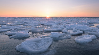 Sunset water ice floes mountain - ecological art free wallpaper