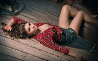 Woman red shirt black shorts 2 - black shorts free wallpaper