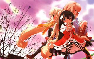 Anime girls sitting purple sky - cloud and trees free wallpaper