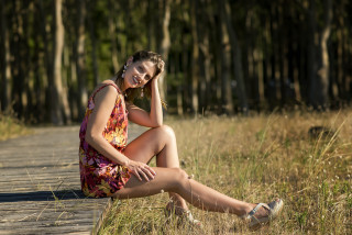 Woman sitting wooden walkway grass - tall free wallpaper