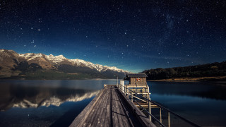 Dock clock lake mountains stars 2 - night sky free wallpaper
