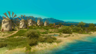 Windmill beach water mountains photorealistic - 8k photorealistic free wallpaper