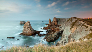 Cliff water beach rocks grass - the shore of a beach free wallpaper