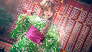 Woman green pink kimono sword - a sword in front free wallpaper