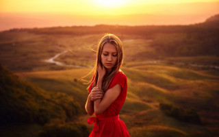 Woman red dress sunset field - anka zhuravleva free wallpaper for desktop