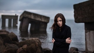 Woman water pier cloudy sky - a pier in the background free wallpaper