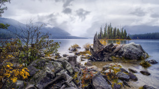 Lake rocks trees cloudy sky 2 - bob ross free wallpaper for desktop