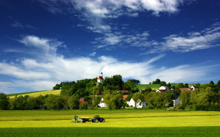 Farm tractor car church landscape - a farm free wallpaper