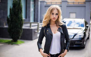 Woman blonde denim jacket street - black jacket free wallpaper
