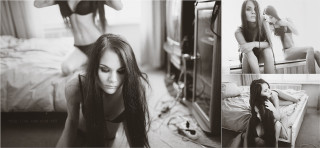 Woman sitting black and white - long black hair free wallpaper