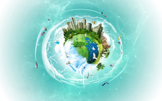 Small planet city water eco - solarpunk free wallpaper
