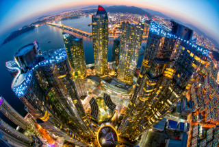 Cityscape night lights water architecture - ultra wide angle free wallpaper