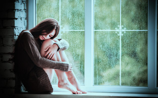 Woman sitting window sill rain - byeon sangbyeok free wallpaper