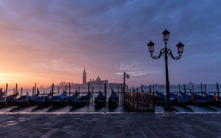 Boats sunset dawn venice water - a church in the background free wallpaper