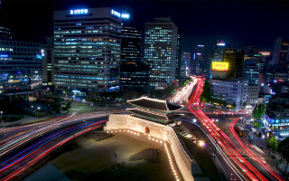 City lights bridge night cyberpunk - traffic free wallpaper